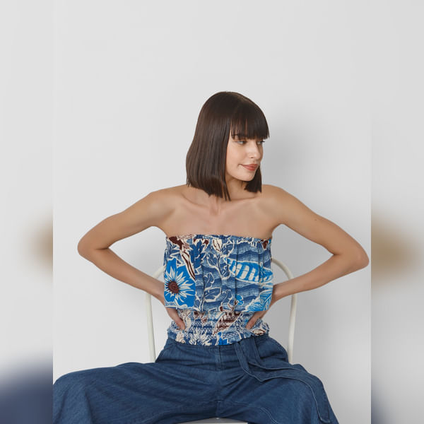 BESTSELLER CLOTHING Blue Off Shoulder Smocked Crop Top