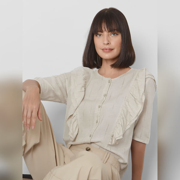 VERO MODA Beige Buttoned Ruffle Top