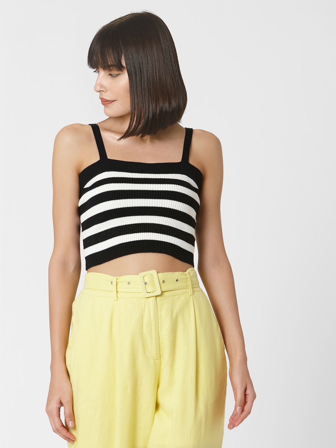 black and yellow striped crop top