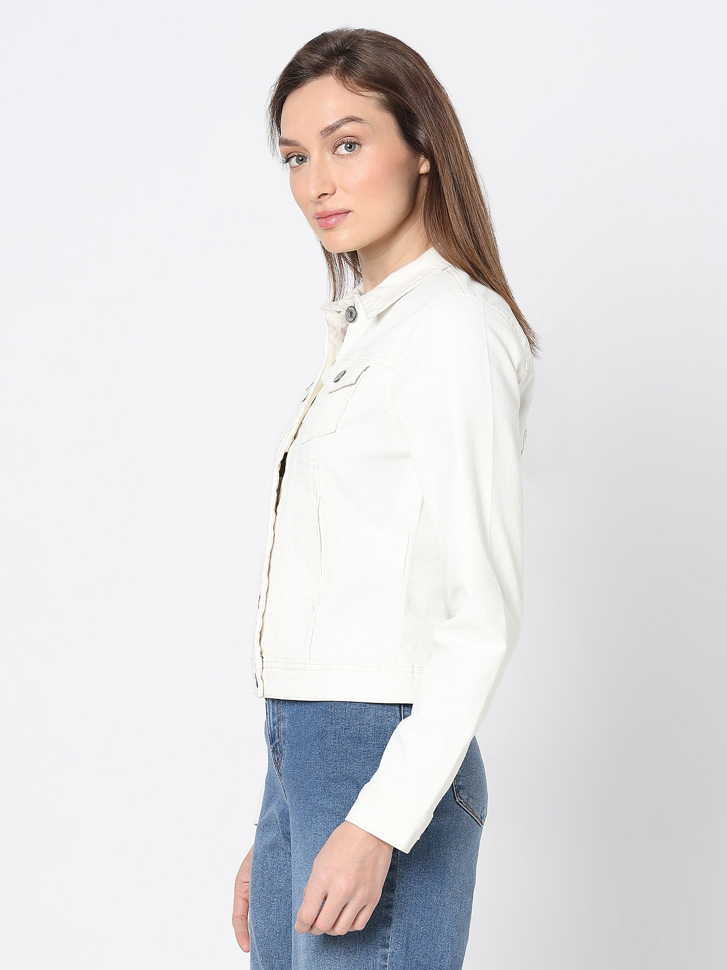 Women Cropped Denim Jacket Button Down Collarless Long Sleeve Frayed Hem Jean  Jackets, Off-white, S : Amazon.co.uk: Fashion