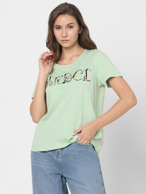 Green Embroidered Text T-shirt