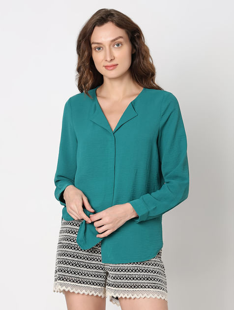 Green Front Button Top