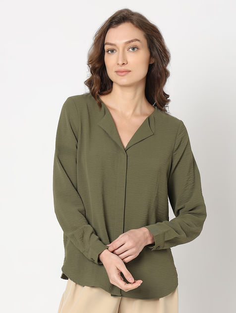 Green Front Button Top