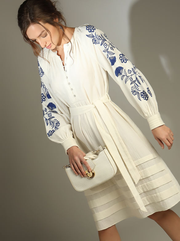 White Contrast Embroidery Dress