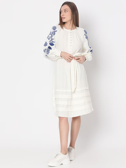 White Contrast Embroidery Dress