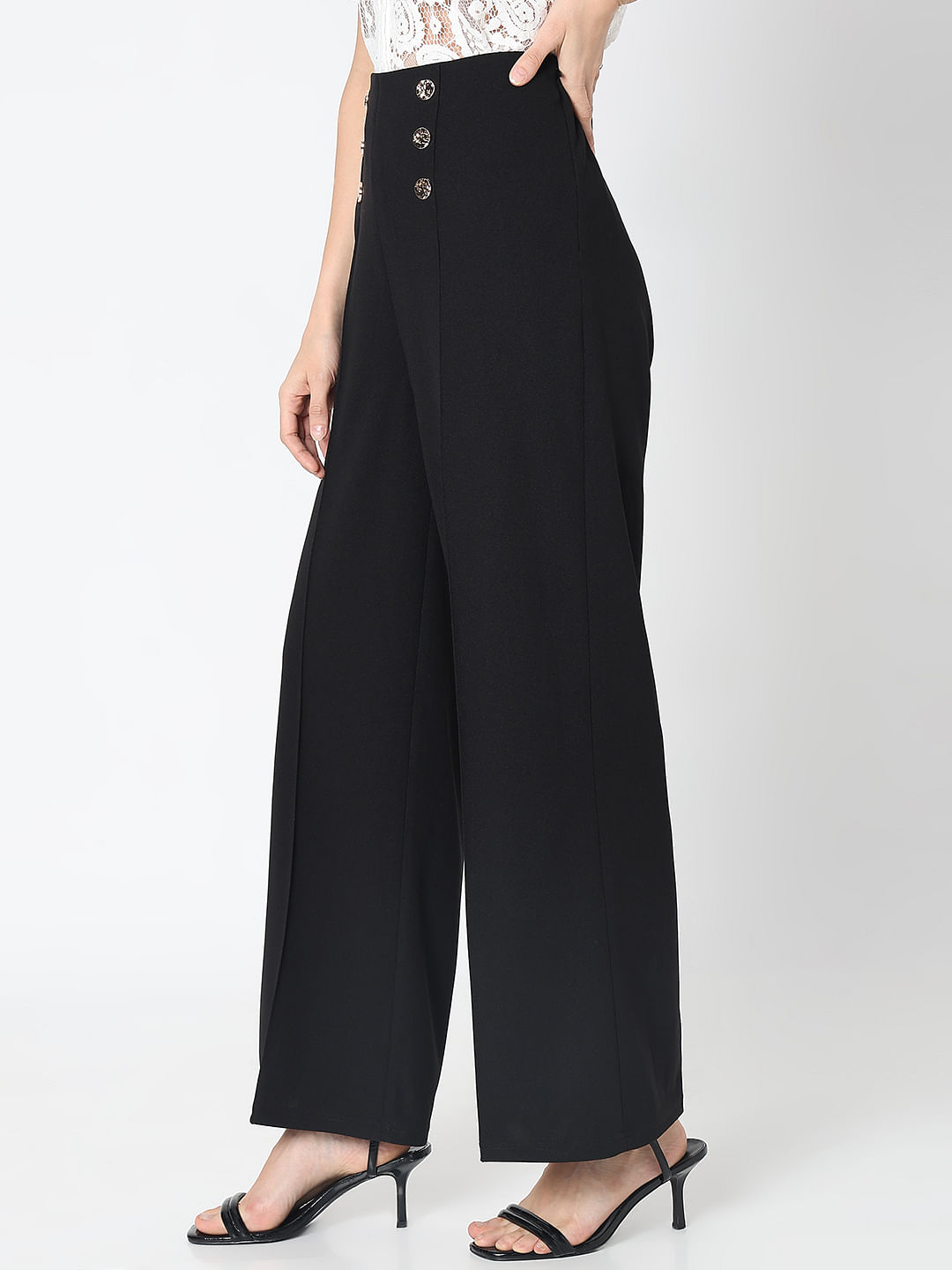 Black High Rise Wide Leg Pants|235464701-Jet-Black