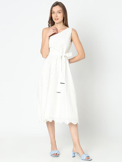 White Schiffli One-Shoulder Dress