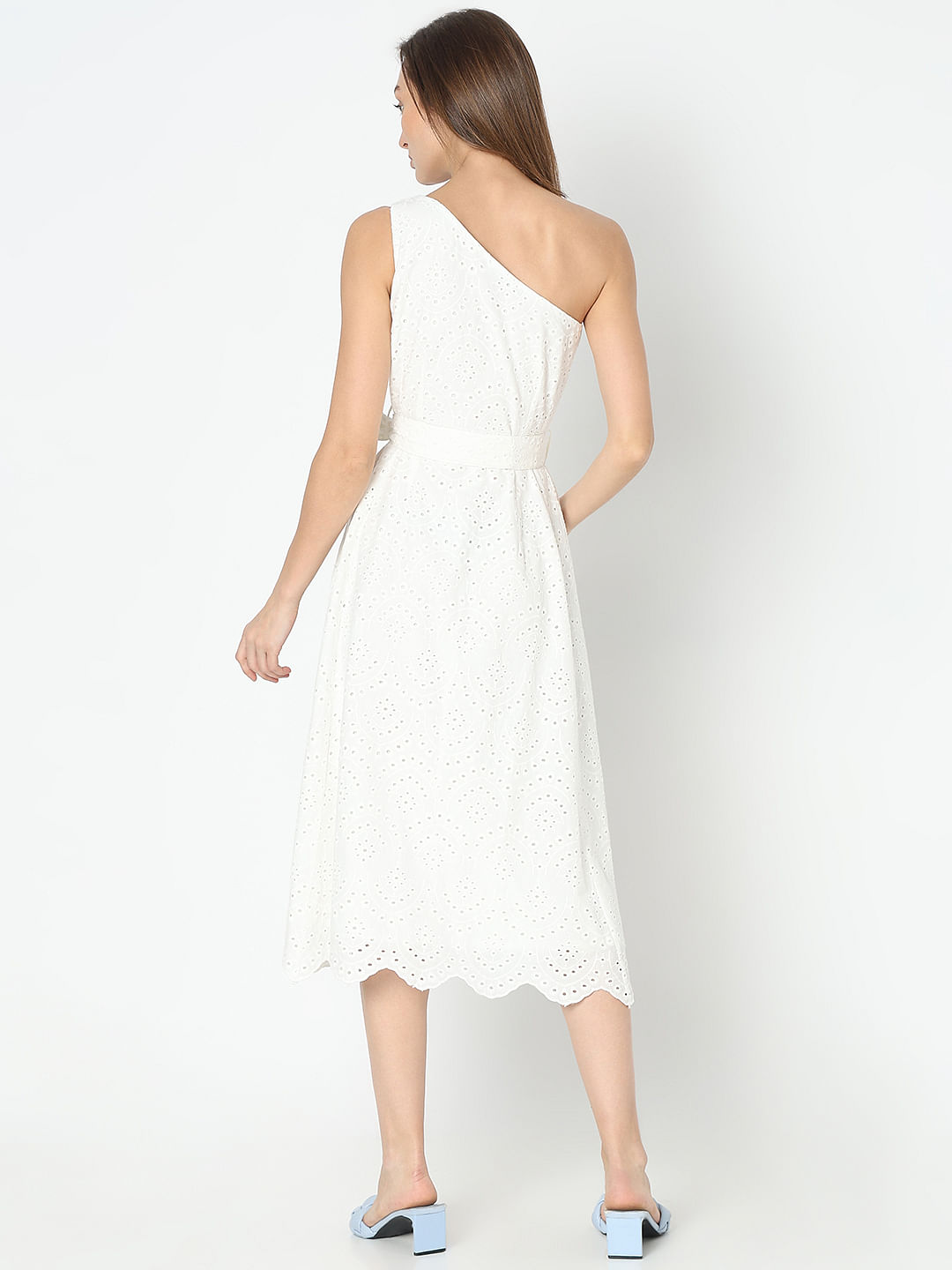 White Schiffli One-Shoulder Dress