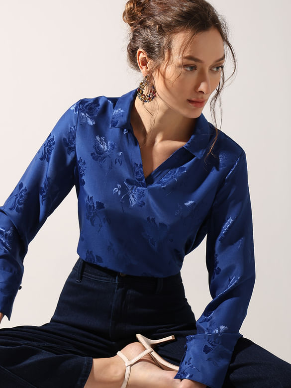 Blue Rose Print Satin Shirt
