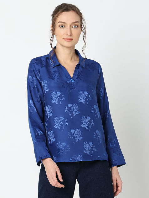 Blue Rose Print Satin Shirt