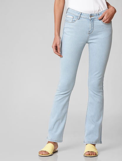 Blue Mid Rise Washed Boot Cut Jeans