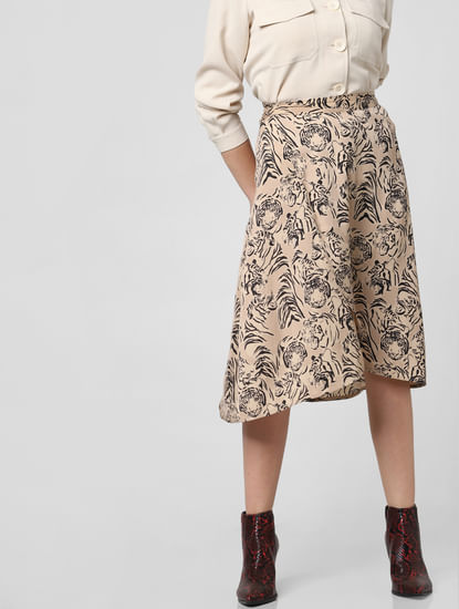 Beige Mid Rise Animal Print Skirt