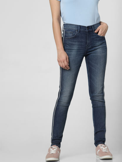 Blue Mid Rise Tape Detail Skinny Jeans