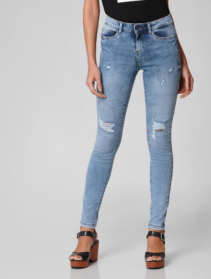 Blue Mid Rise Ripped Skinny Jeans