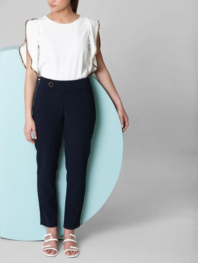 Navy Blue Mid Rise Trousers
