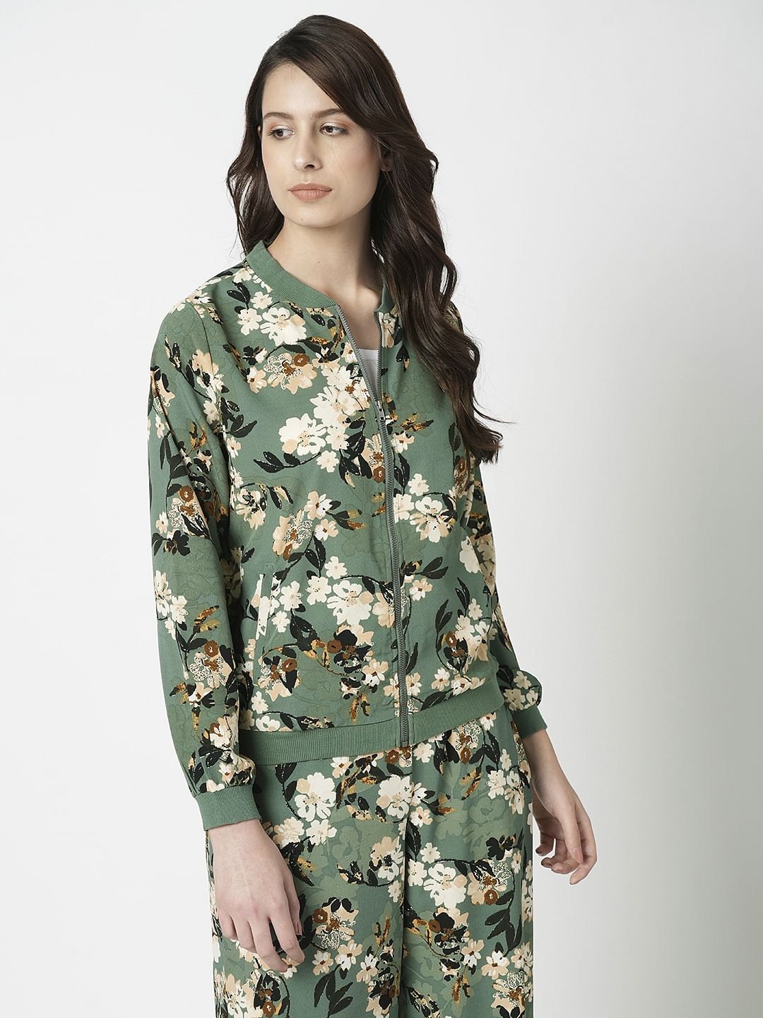 Green floral bomber clearance jacket