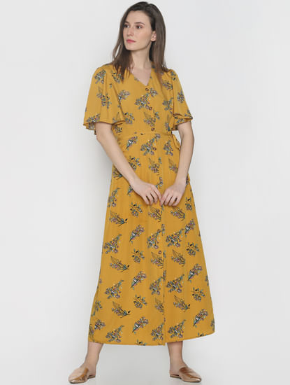 Mustard Floral Print Maxi Dress