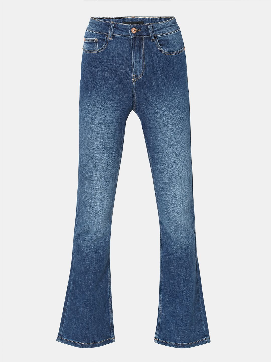 Blue High Rise Bootcut Jeans|251443505-Medium-Blue-Denim