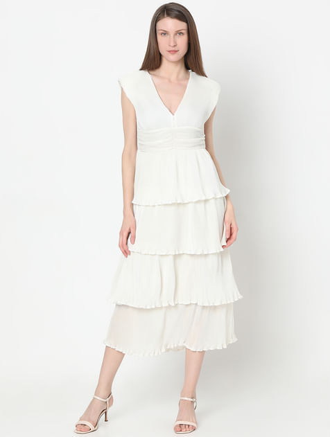 White Textured Tiered Dress