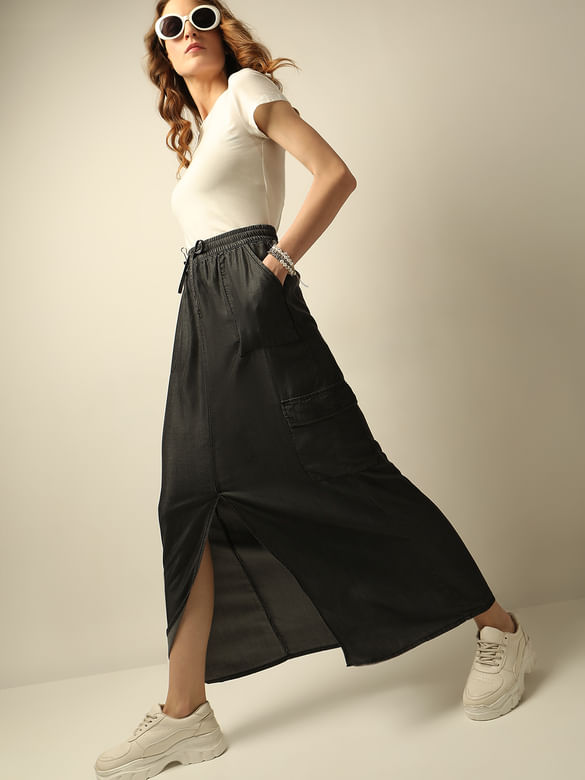Black Mid Rise Denim Long Skirt