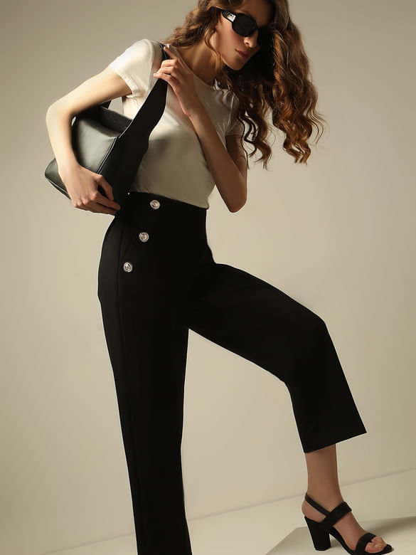 Black High Rise Tailored Straight Fit Pants