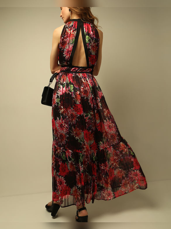 Red Floral Pleated Maxi Dress