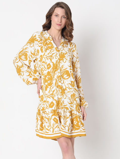 Yellow Abstract Print Midi Dress