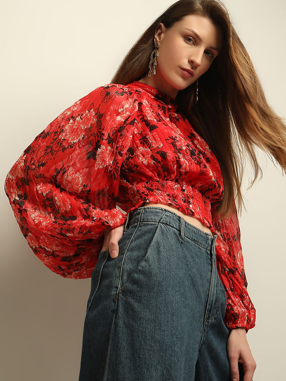 Red Floral Pleated Crop Top