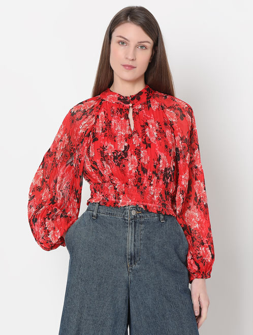 Red Floral Pleated Crop Top
