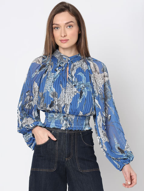 Blue Floral Pleated Top