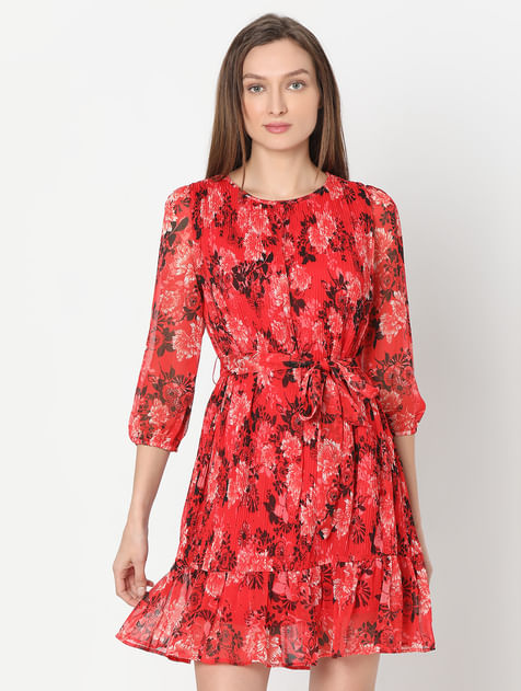 Red Floral Pleated Dress