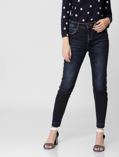 Blue High Rise Tape Detail Skinny Jeans