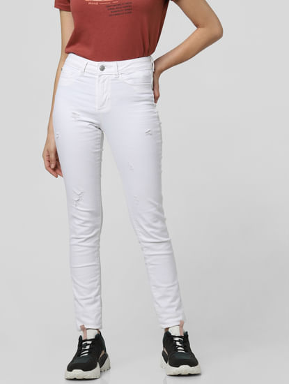 White Mid Rise Distressed Skinny Jeans