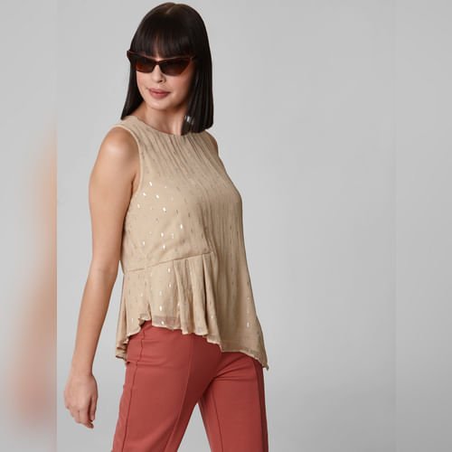 Beige Lurex Detail Asymmetric Top