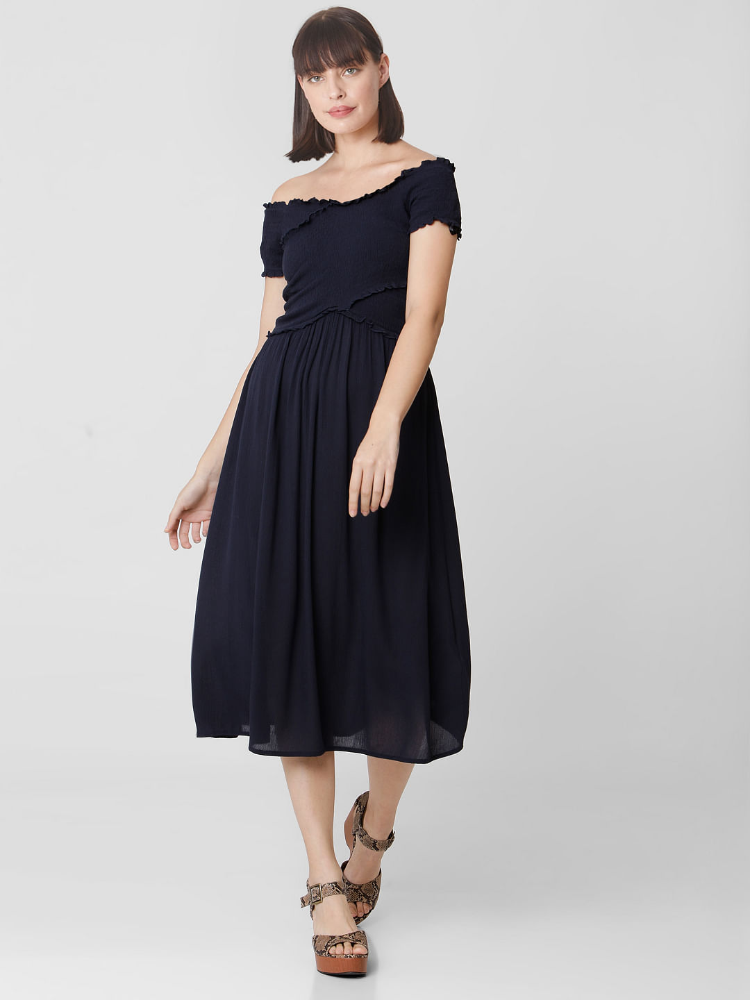 off the shoulder navy blue dress