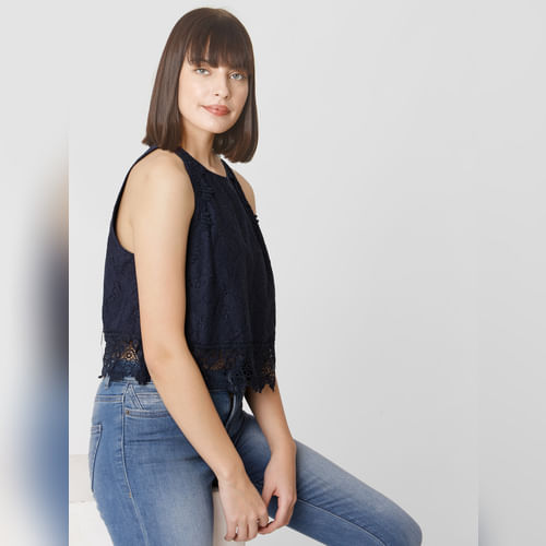 Navy Blue Lace Cropped Top