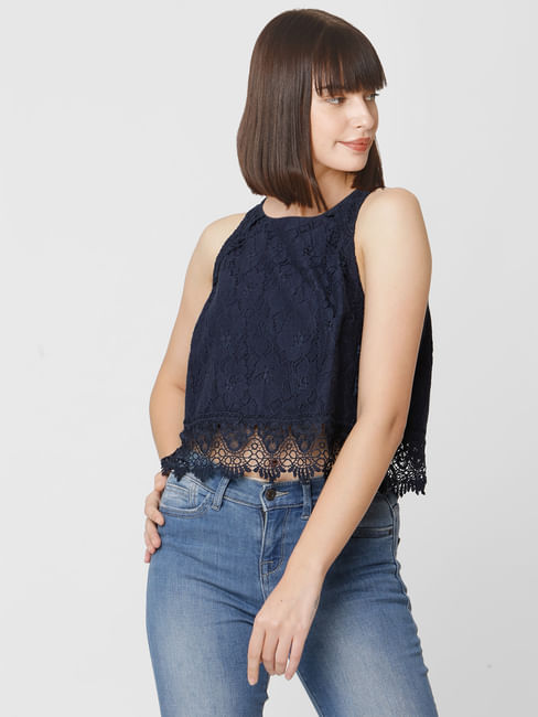 Navy Blue Lace Cropped Top