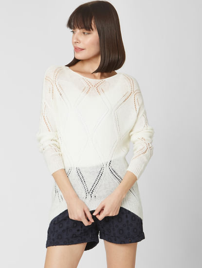 White Self-Design Sweater