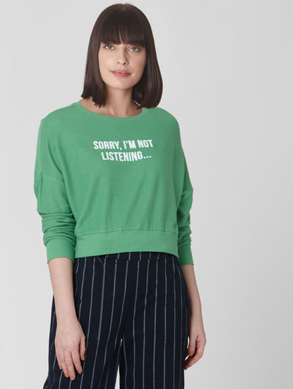 Green Cropped Text Print Sweatshirt