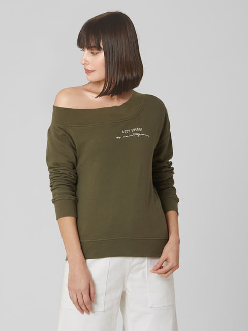 Olive Printed One Shoulder Sweatshirt