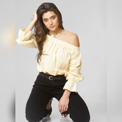 Yellow Striped Off-Shoulder Top