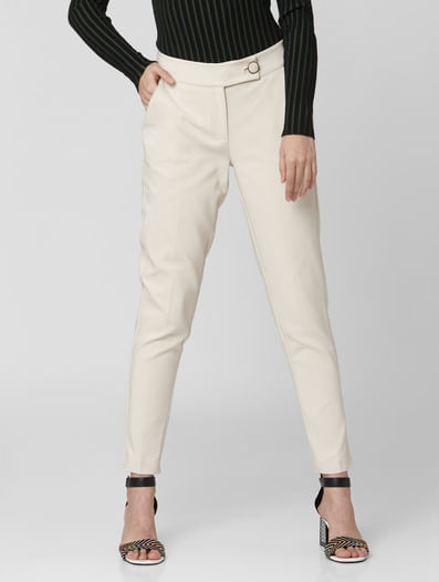 Beige Mid Rise Tailored Trousers
