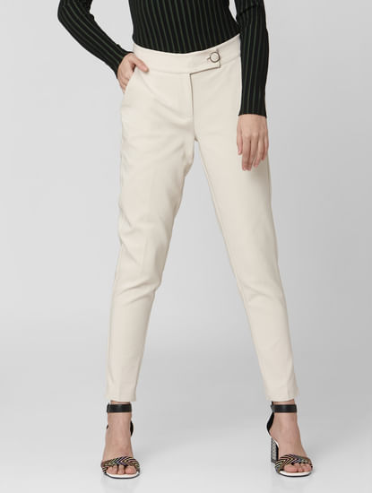 Beige Mid Rise Tailored Trousers