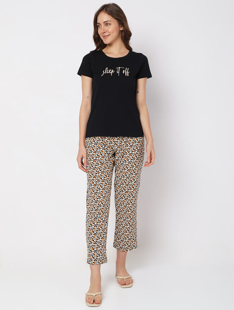 Black Animal Print T-shirt & Pyjama Set