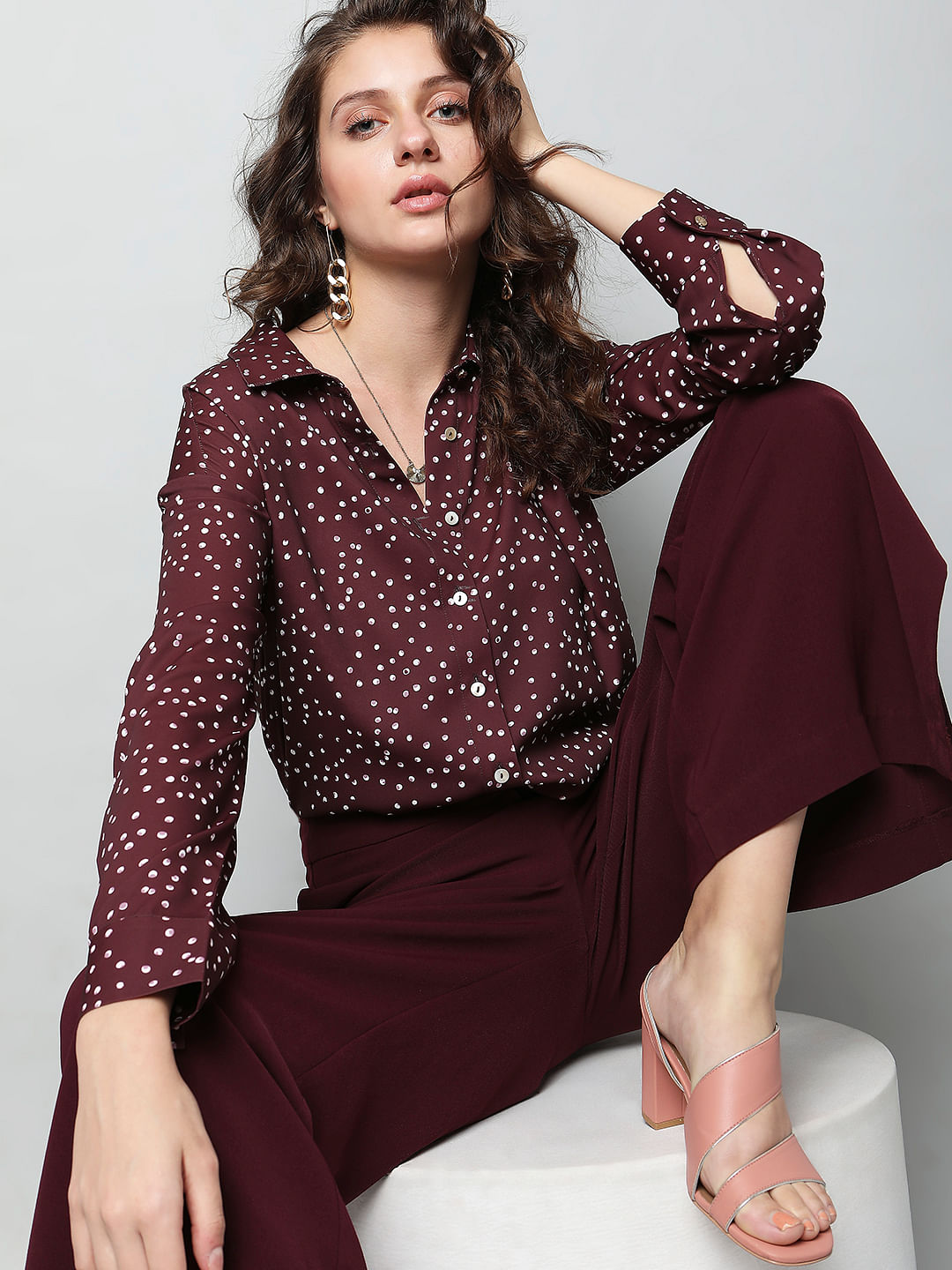 Burgundy polka shop dot shirt womens