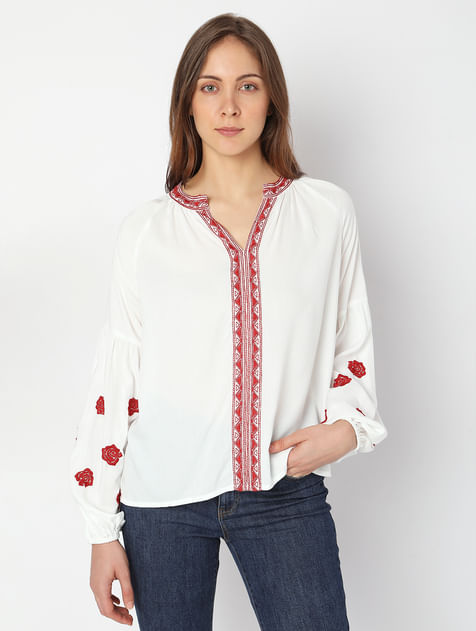White Embroidered Full Sleeves Top