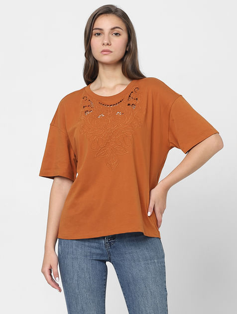 Brown Lace Detail T-shirt