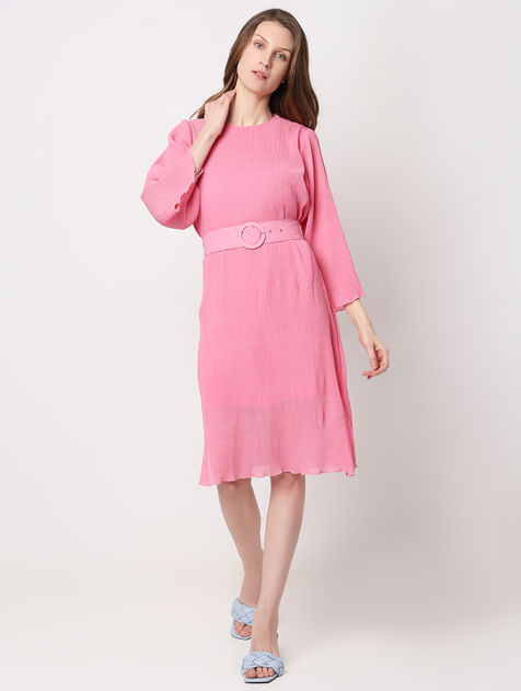 Pink Plisse Pleats Midi Dress
