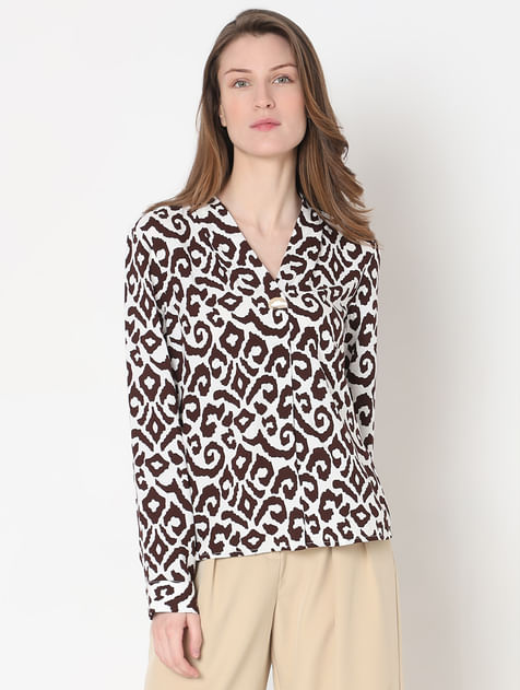 Brown & White Abstract Print Top