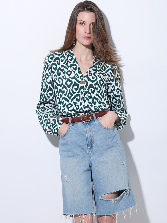 Teal & White Abstract Print Top